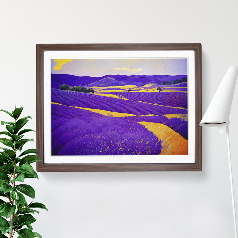 Masterful Lavender Flower Field - Single Picture Frame Painting, 46cm H x 64cm W x 2cm D, Walnut