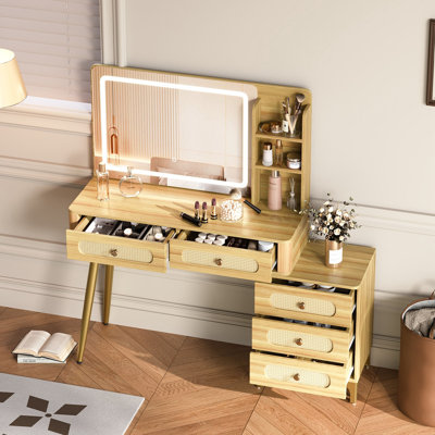 Makeup Vanity with Lights Mirror, 5 Drawers and Storage Shelf
