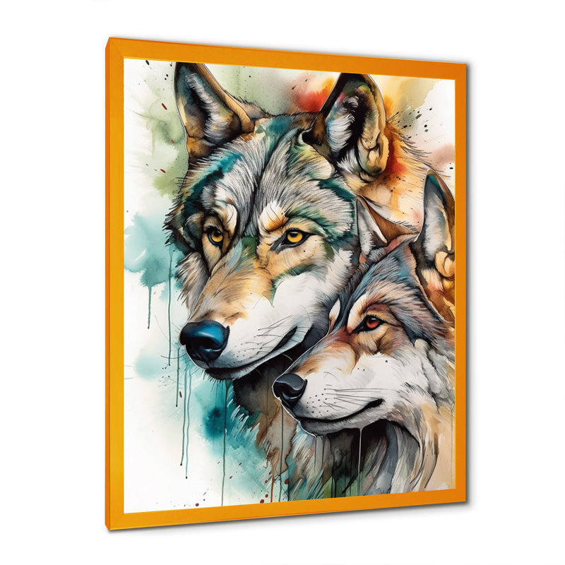 «Wolves Portrait Watercolor1», art mural grand loup, H 32 po x l 16 po, Cadre doré