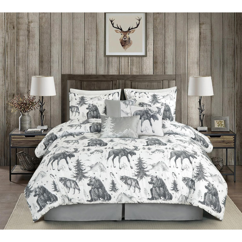 Denver 7-Piece Grizzly Bear Wolves Moose Cabin Lodge Comforter Set, Cal King Comforter+2 King Shams+3 Throw Pillows