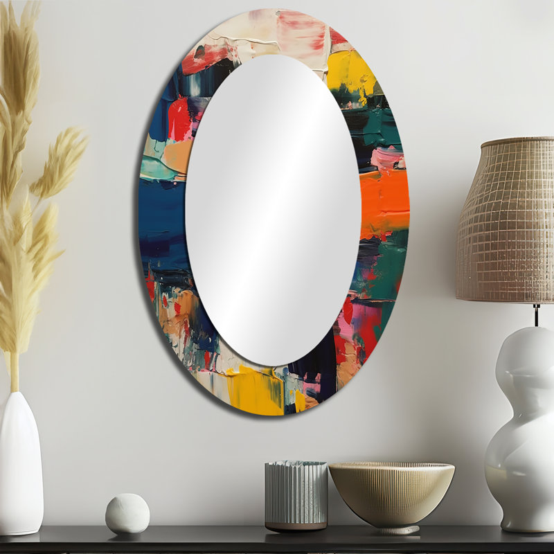 Rouge rouge bleu cubiste - miroir décoratif ovale abstrait sur métal, 36 po x 24 po
