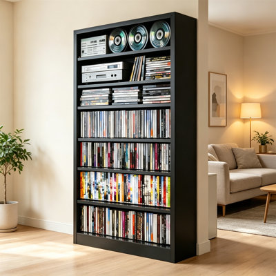Metal DVD Storage Cabinet, 7-Tier Tall Media Shelf with Adjustable Shelves, Freestanding CD & DVD Rack Tower, Black