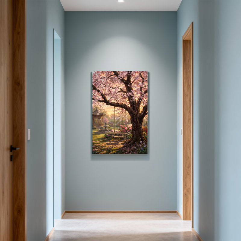 Plantes et fleurs de cerisier en fleurs avec balançoire et pagode, H 18 po x l 12 po