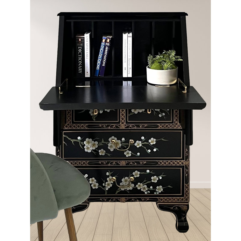 Anylah Writing Bureau Secretary Desk with Hutch, Hand Painted Blossom 
