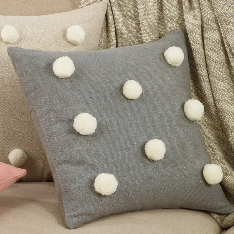 Gray Cotton Pom Pom Square Throw Pillow