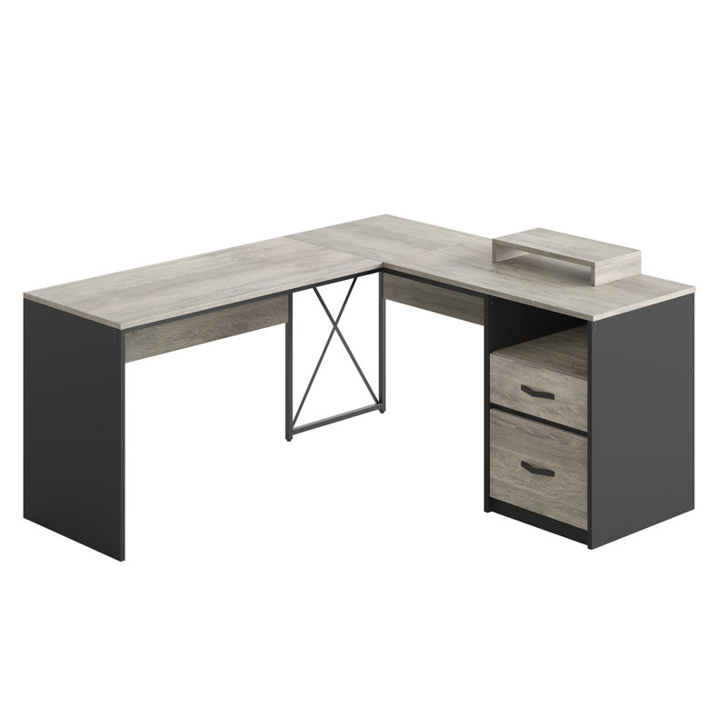 Cherell 55.7'' W L-Shaped Computer Desk with Monitor Stand, Executive Desk with File Storage Drawers, Gray