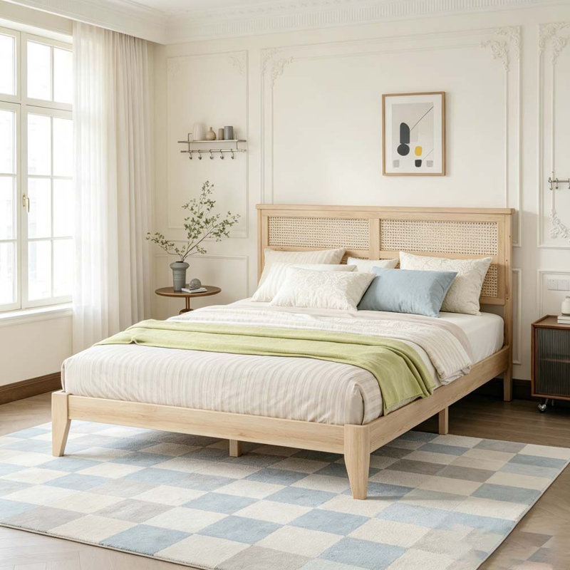 Lit en bois massif avec tête de lit en rotin, Beige, Grand lit