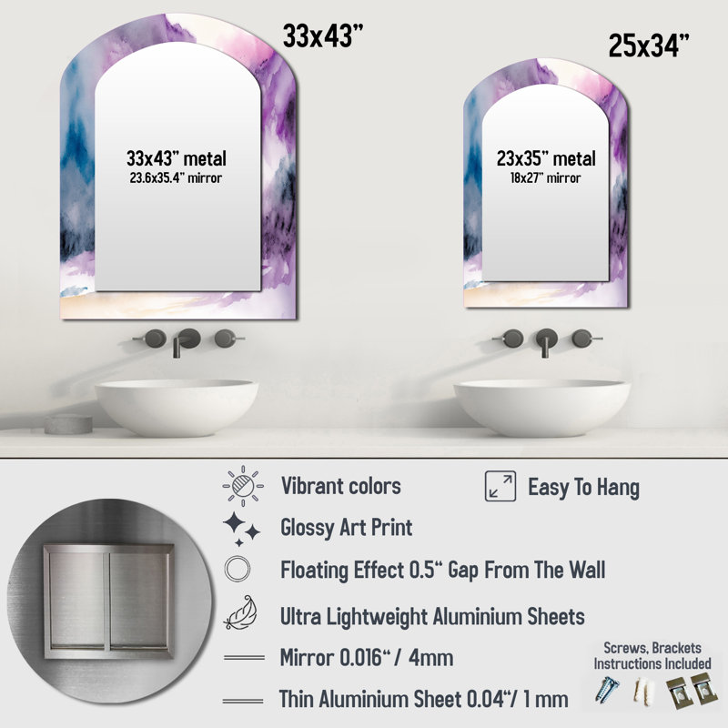 Violet Storm At The Horizon II - Liquid Ink Arch Large Mirror, Modern Asymmetrical Unique Wall Mirror Decor, Printed Metal Art