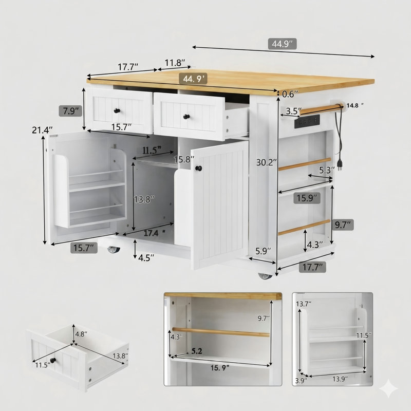 48-Inch Large Rolling Kitchen Island with Drop-Leaf Counter, Power Outlet, Internal Storage Compartment, 5 Casters, and 5 Open Side Shelves – White Finish, Two Box Delivery (Stools Not Included)