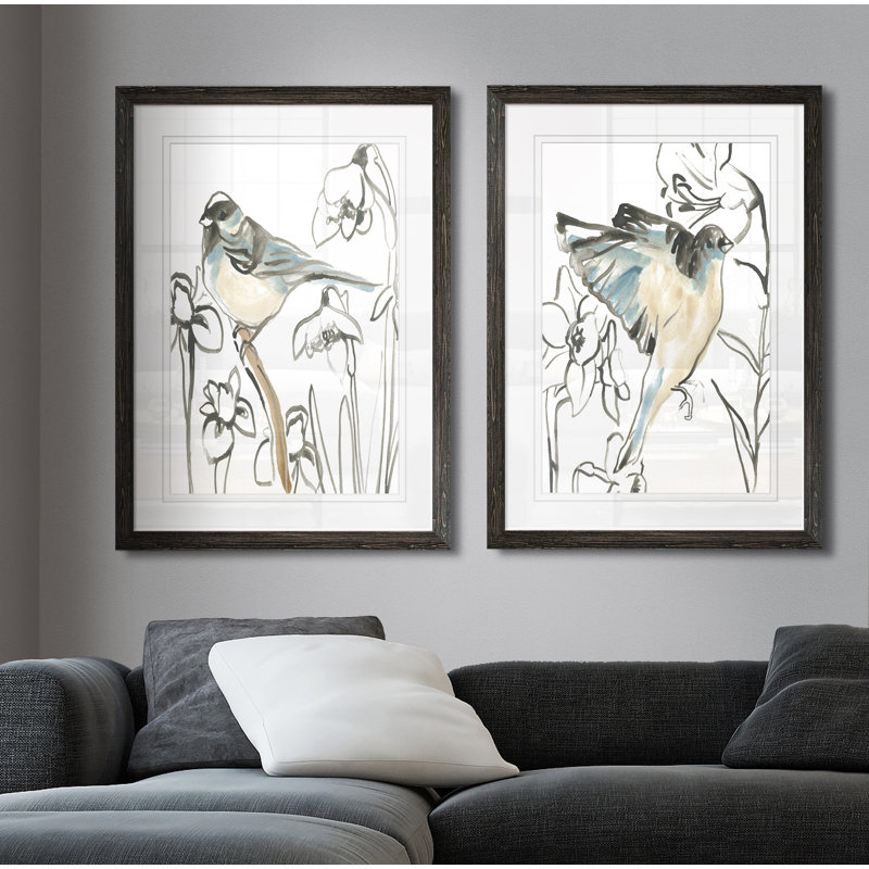 Songbird Meadow - ensemble de 2 peintures encadrées, H 20 po x l 16 po, Impression encadrée avec passe-partout, Ebony