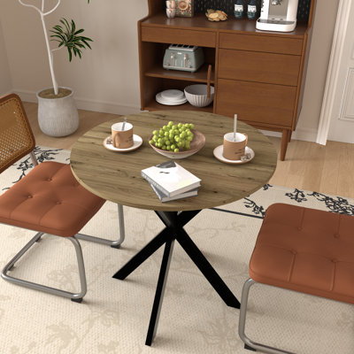 31.5 Inch Round Dining Table, Small Circle Kitchen Table With Metal Black Legs For 2-4 People,Modern Dining Room Table, Brown (Only Table)