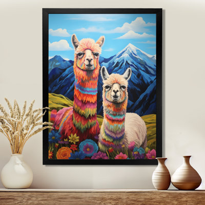 Alpacas au Chili, paysage de fleurs de montagne - lama, reproduction d'art murale