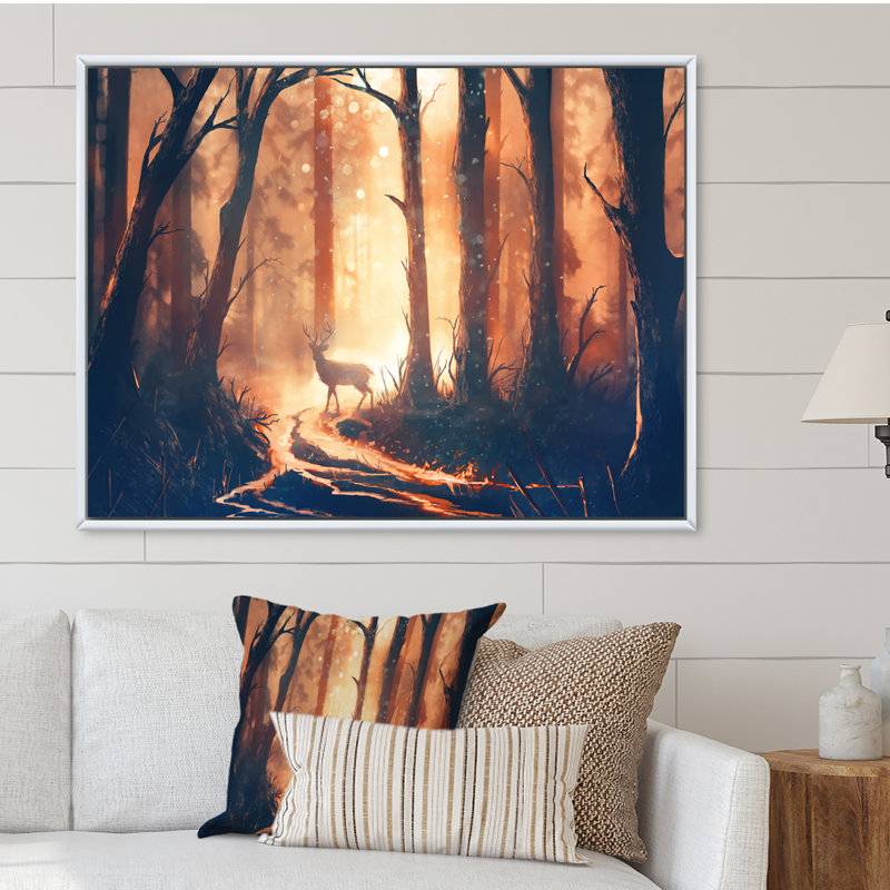Cerf dans une forêt chaude surréelle - reproduction d'art sur toile traditionnelle, H 34 po x l 44 po x P 1,5 po