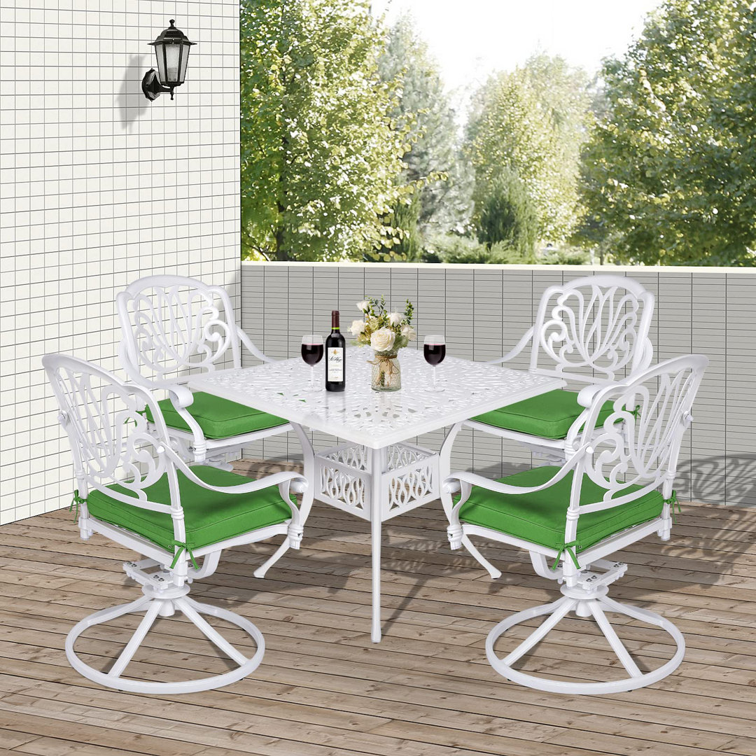 Vivijason 5-Piece Outdoor Patio Dining Set, All-Weather Cast Aluminum Conversation Set, Patio Furniture Set For Deck Lawn Garden, Include 4 Swivel Dining Chairs, A 35" Square Table W/Umbrella Hole VIVIJASON Cushion Color/Frame 