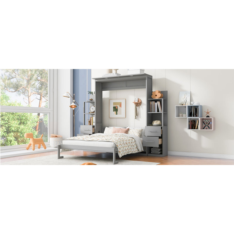 Grand lit escamotable mural avec tablettes, tiroirs et lumières DEL, gris, Grand lit, Gris