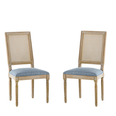 [Set Of 2] French Country Dining Chairs - Elegant Cane Backrest & Upholstered Seats With Fluted Legs - Rustic Weathered Finish - Solid Rubberwood Fram