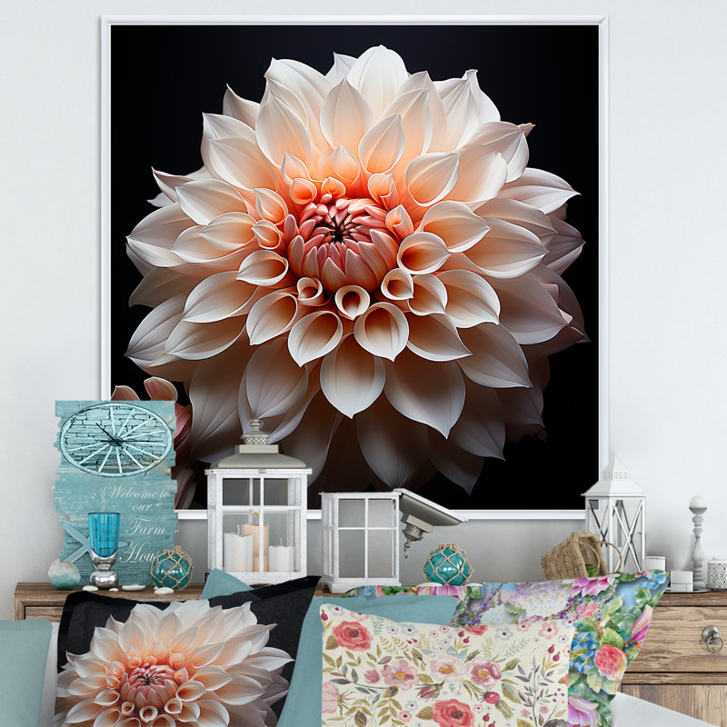 «Coral Dahlia Minimalisme Dream», reproduction sur toile, Encadrement doré, H 36 po x l 36 po