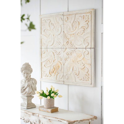 100% Fir Wood Distressed Wall Panels 17.5X17.5", Intricate Medallion, White-Wash Finish For Various Interior Designs 17.5X17.5" Wooden Square Panels, Wood, Ornamentation Different Looks