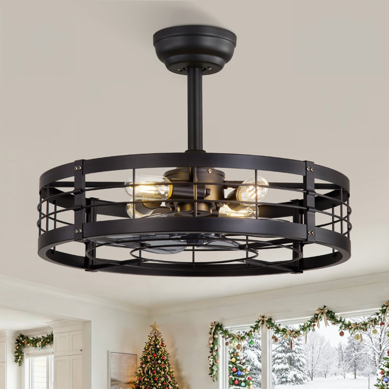 Cissline 22" Stylish Black Caged Ceiling Fan With Remote Control And Light Kit Included, 22", Black