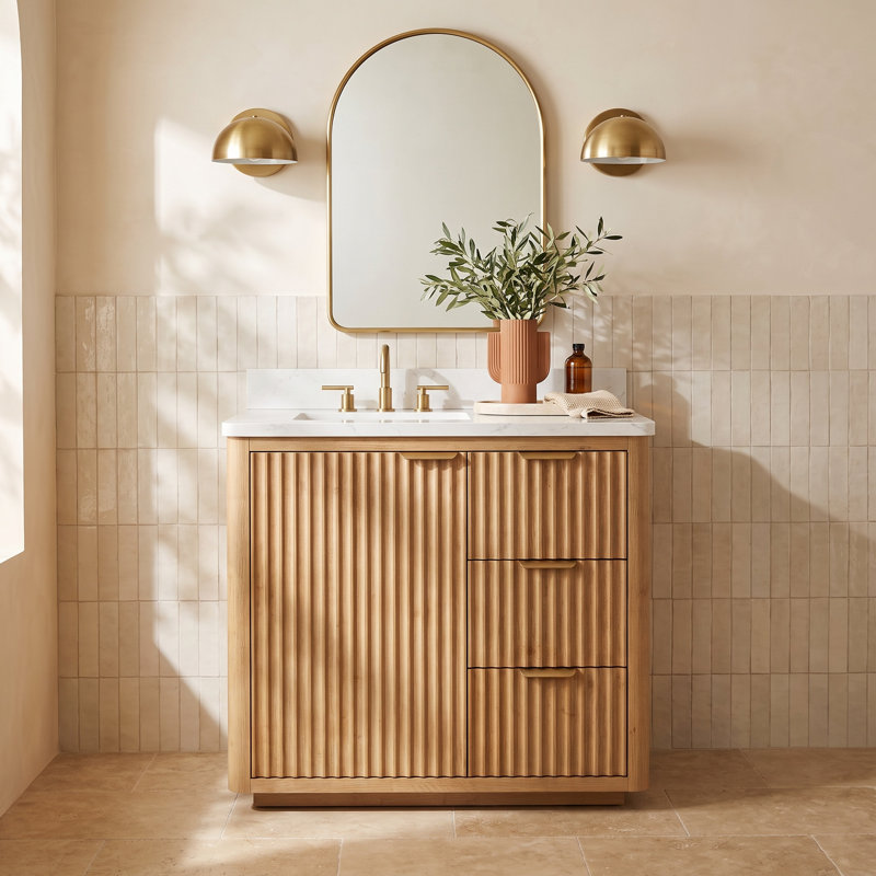 Adela 36'' Single Bathroom Vanity with Cultured Marble Top, White, Gold, Brown