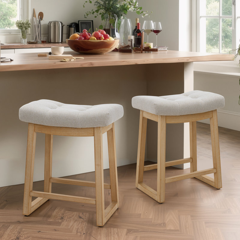24'' Saddle Seat Counter Height Barstool with Solid Wood Frame, Beige Linen/Wood