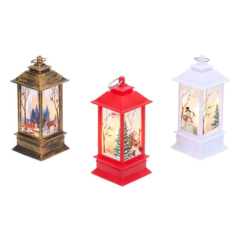 Set of 3 Christmas Lanterns with Santa Claus, Reindeer & Snowman Design