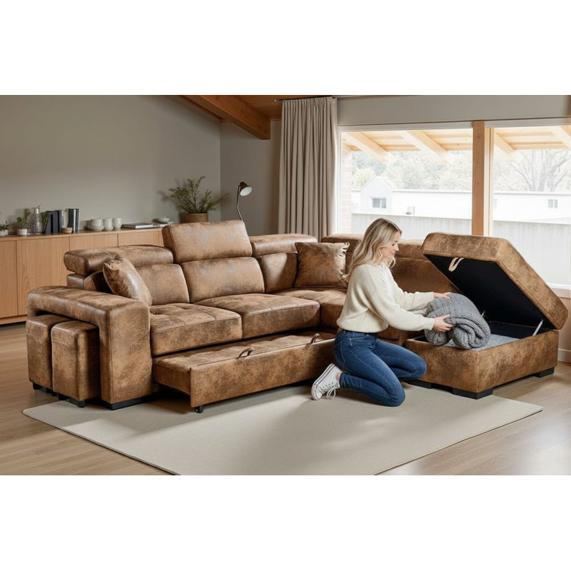 4 Seater Corner Sofa , Right Hand Facing, Brown Microfiber / Microsuede