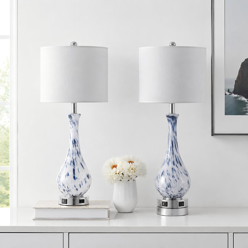 Tylek 27.5 in. Glass USB Table Lamp with USB Type-C Ports and Built-in Outlet
