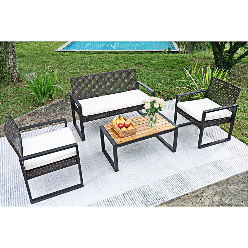 4-Piece Outdoor Patio Furniture Set, Beig Cushion/Brown Frame