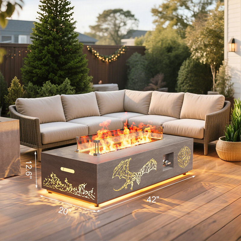Table de foyer d'extérieur au gaz propane 42 "de 50 000 BTU avec motifs de ptérosaures évidés et lumière dorée