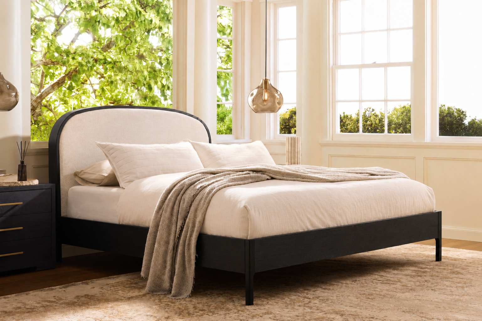 Seabrook Linen Upholstered Oak Bed, Black, King