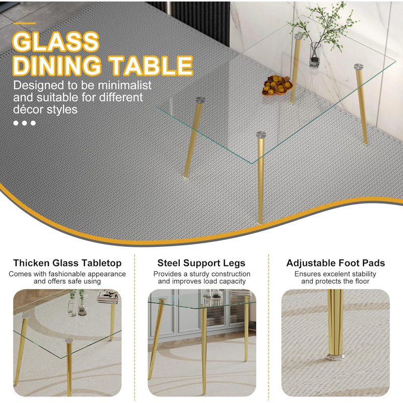 Glass Top Four Leg Dining Set, 5 Pieces: Table, 4 Chairs, 29.5" H x 35.4'' L x 63'' W, Gray/Gold