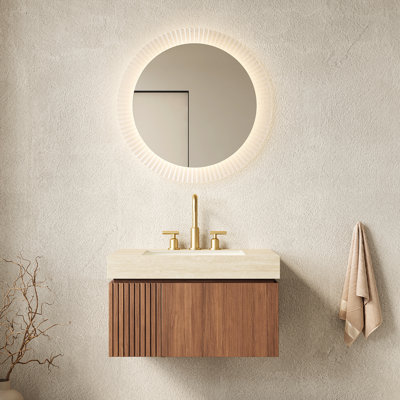 Meuble-lavabo de 30 po avec armoire en contreplaqué flottant, comptoir en pierre frittée, lavabo en céramique, 3 trous de robinet pré-percés, assemblé, finition chêne brun, eau et pierre, porte de tiroir, chêne, fixation murale