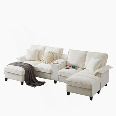 Modular Sectional Sofa Bed With Storage, Modern U-Shaped Design, 4-Seater, Ideal For Living Room, Apartment Or Lounge With Convenient Cup Holders