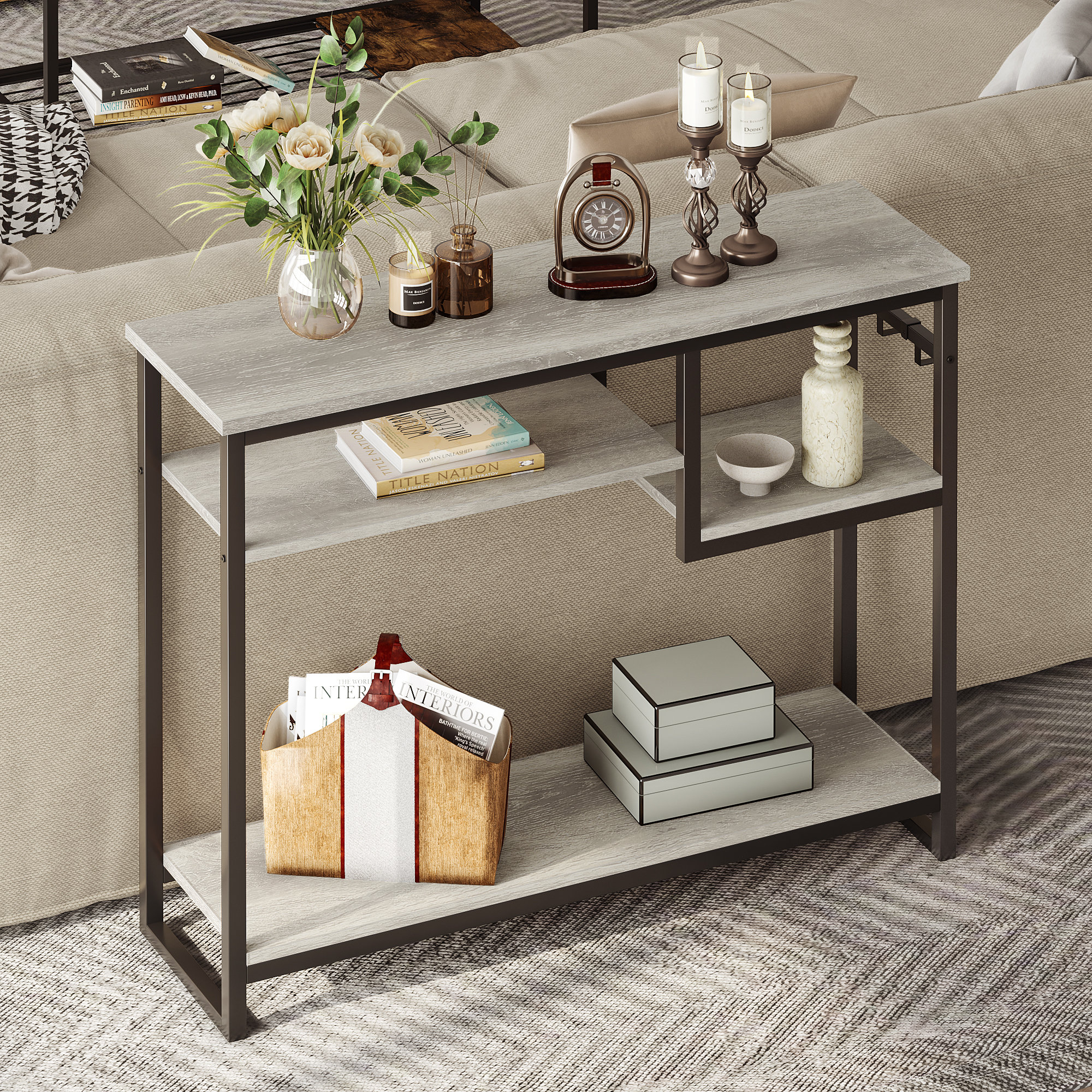 100cm Geometric Art Console Tables for Entryway Skinny Entry Table with 4 Tier Storage Shelves Easy to install