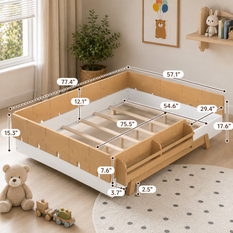 77.4 Inch Full Size White-Natural Kids Floor Bed, Full-Length Guardrail & Bookshelf, Low Montessori Block-Style Solid Wood Bed