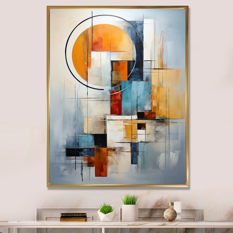 Cubisme orange et bleu, assemblage I - Cubisme, impressions encadrées, H 40 po x l 30 po x P 1,5 po, Cadre flottant doré