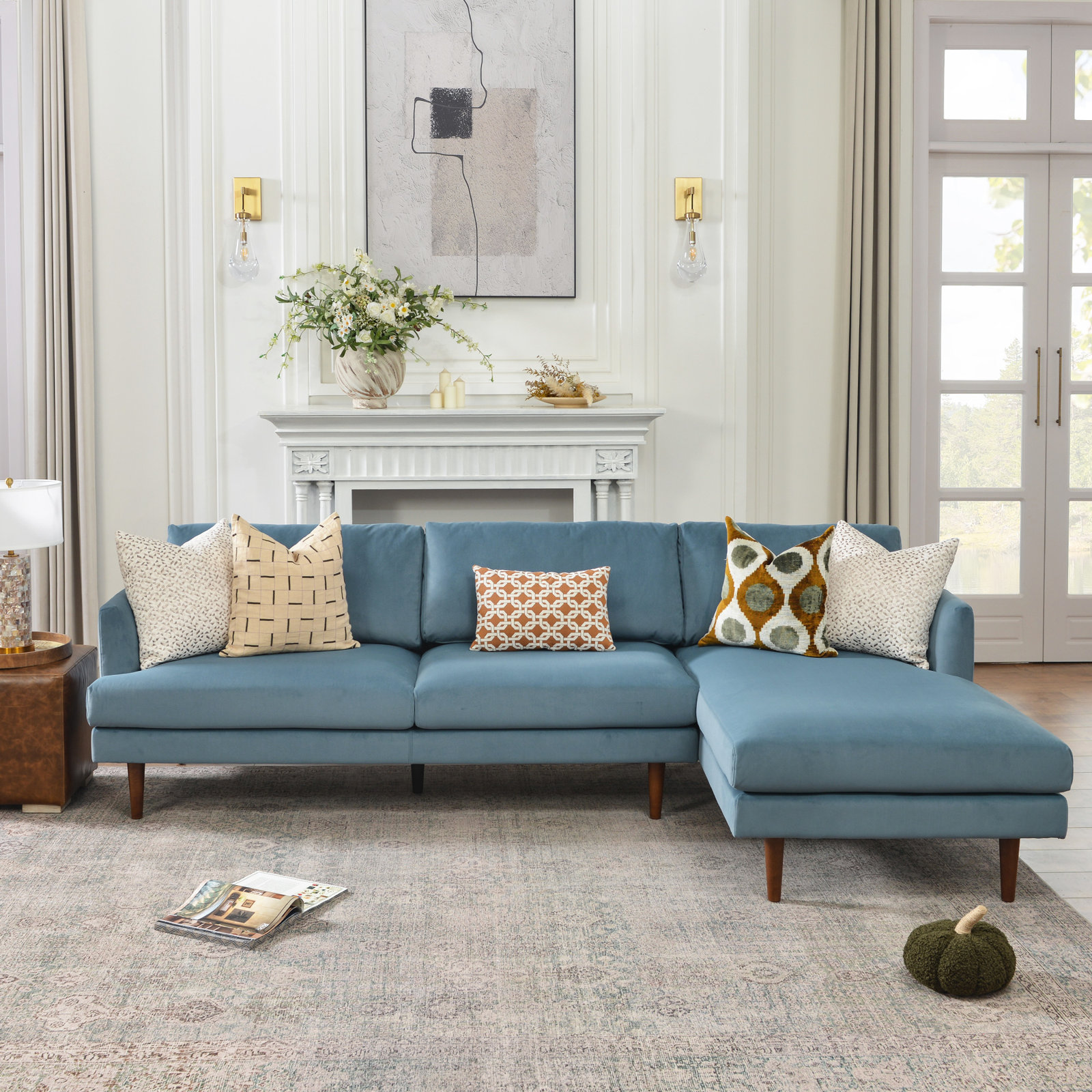 Miller Sectional, Right Hand Facing, Blue Polyester Blend