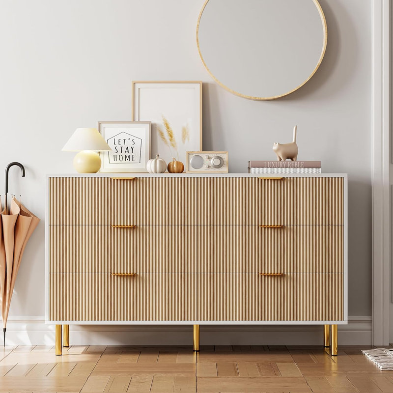 Commode moderne à 6 tiroirs avec poignée dorée et grand tiroir, Blanc / Brun