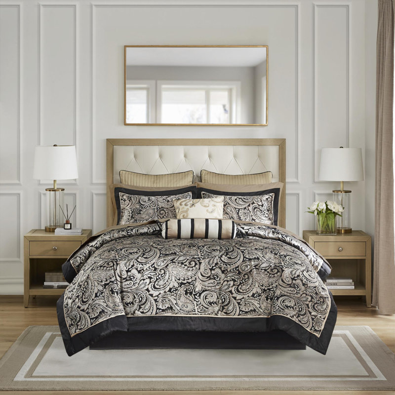 Ensemble d'édredon en polyester jacquard 3 pièces, Édredon double / grand + 11 pièces supplémentai, Noir