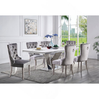 Contemporary Gray Flannelette 2Pcs Side Chairs Button-Tufted Upholstered Dining Chairs Wingback Design Furniture Set