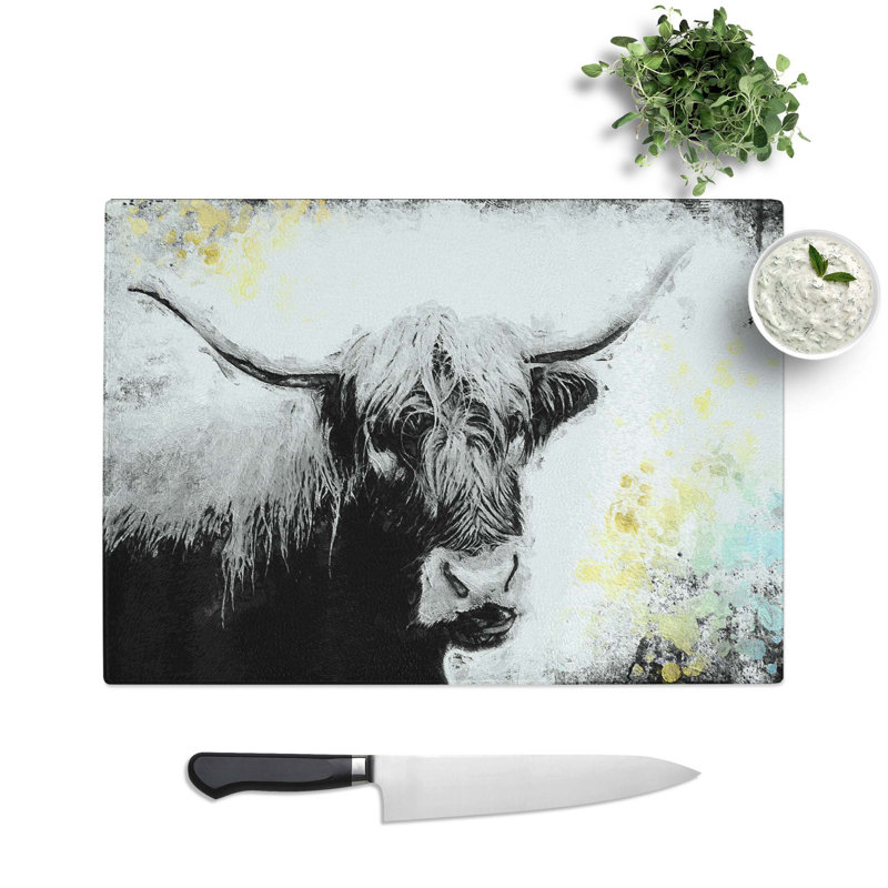 Tempered Glass Paint Splattered Highland Cow Chopping Board, 39 cm W x 28.5 cm L