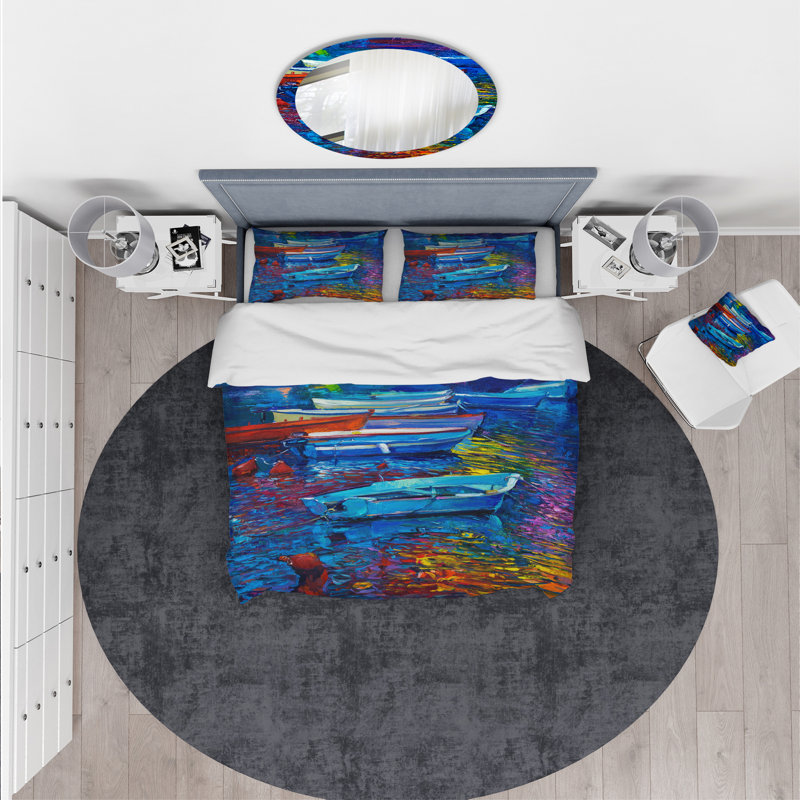 Ensemble de housse de couette Designart Voiliers et mer, Housse de couette très grand + 2 taies décoratives