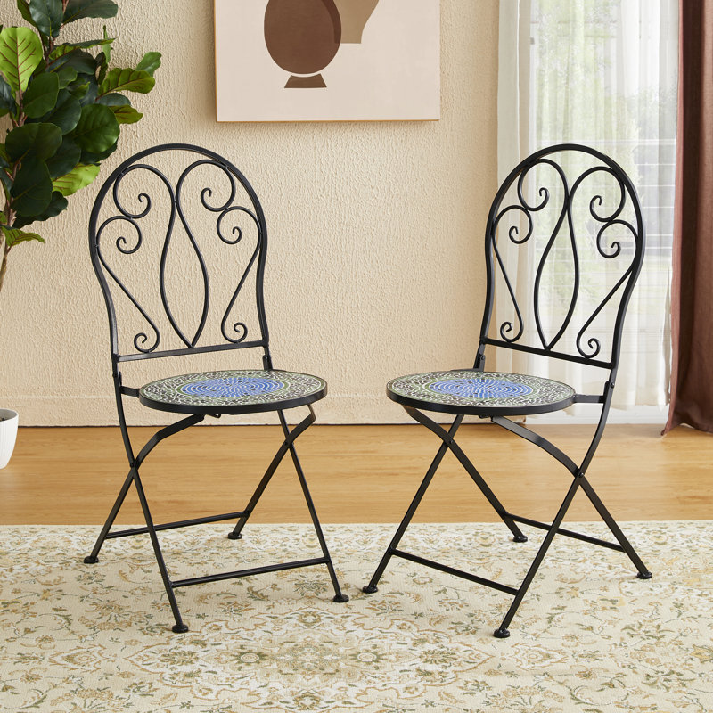 Ensemble de 2 chaises bistro vertes pliantes en métal de 36,5 po de hauteur avec siège en céramique