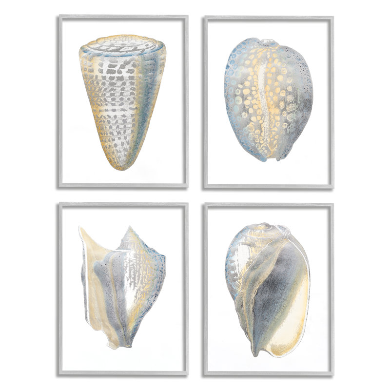 " Minimal Marine Shells Unique Blue Gold Pattern " by Vision Studio 4 - Pieces, Black Framed, 14" H x 11" W x 1.5" D