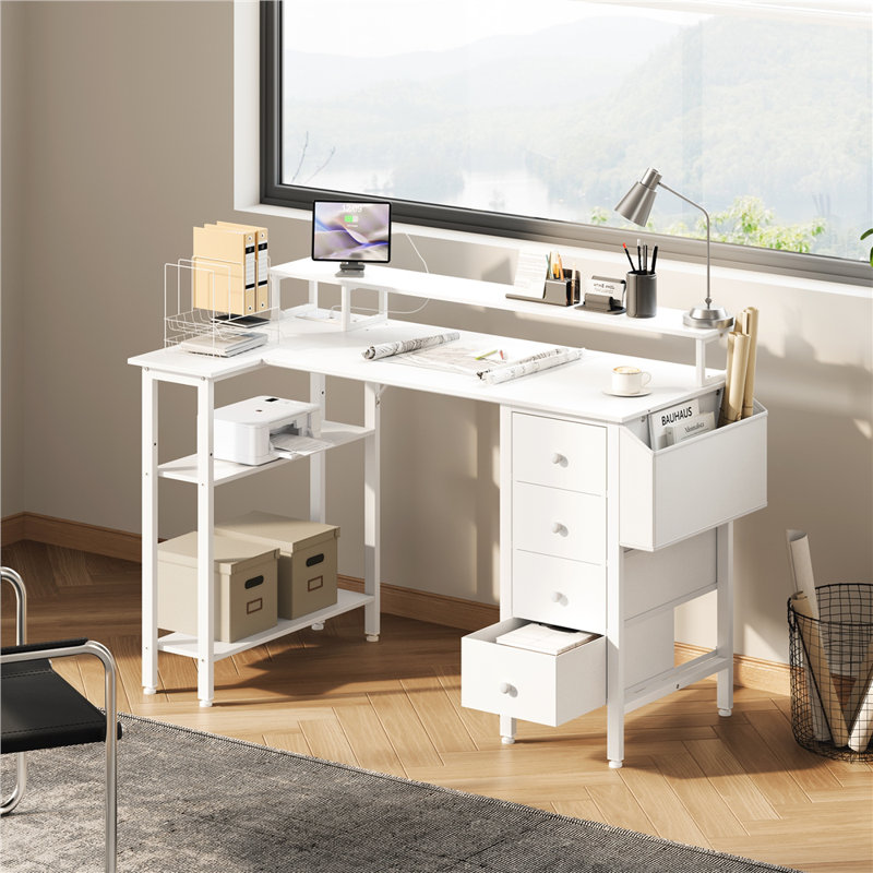 L-Shaped Computer Desk with Built-In Electrical Outlet, White, 120cm L x 68cm W x 86.5cm H
