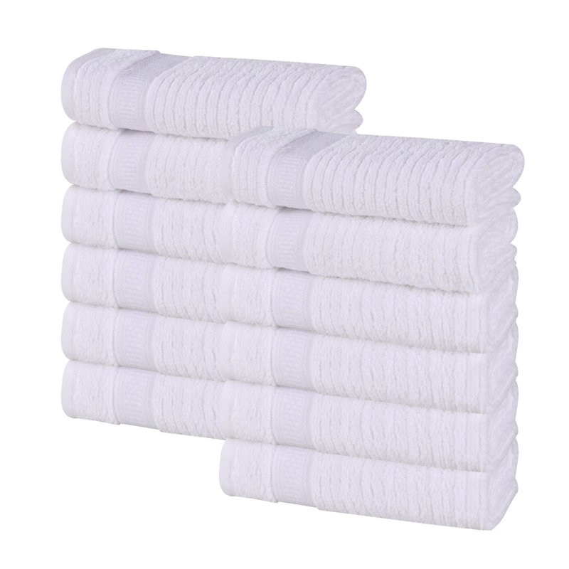 Amanita Zero Twist Cotton Ribbed Modern Geometric Border Soft Face Towel/Washcloth Set, White