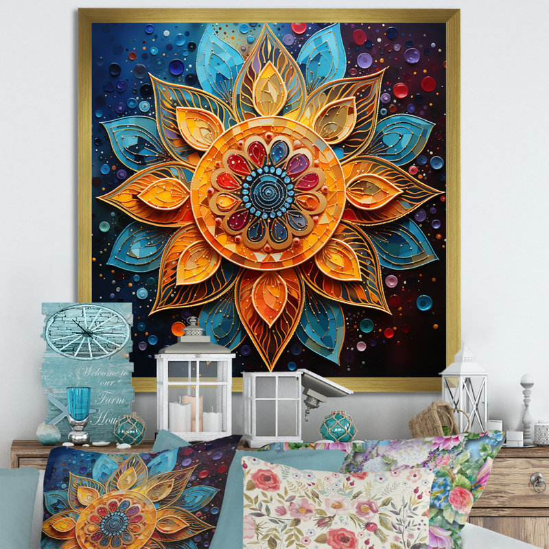Mandala yoga sarcelle doré pointillisme, Or, H 30 po x l 30 po x P 1 po