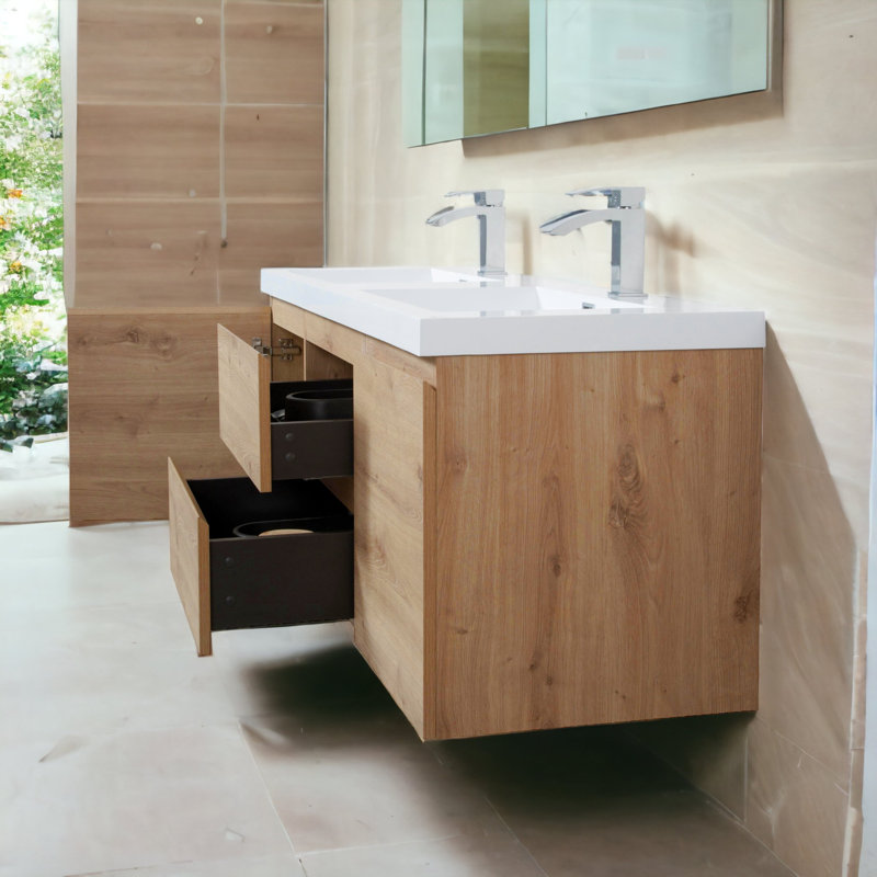 Carol-Ann 59'' Fully Assembled Wall Mounted Double Bathroom Vanity with Stone Resin Vanity Top, Natural Oak, White