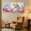 Oiseaux oiseaux jaunes sur une branche de fleurs roses, ensemble de 3 impressions sur toile-735452357